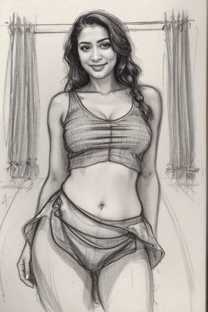 A sultry Malayali beauty, 35 years young and radiant. Charcoal art brings her to life in a portrait sketch of raw elegance. She smiles seductively, wearing only a loose shirt that drapes effortlessly from her waist. The charcoal lines are bold and expressive, capturing the high clarity and good proportions of her curvy figure. A masterpiece unfolds as the pencil sketch takes shape, revealing a stunning work of art.