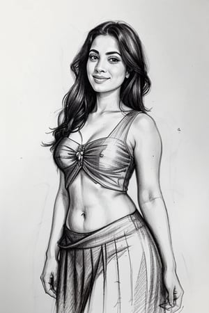 A sultry Malayali beauty, 35 years young and radiant. Charcoal art brings her to life in a portrait sketch of raw elegance. She smiles seductively, wearing only a a pleated skirt and shirt  drapes effortlessly from her waist. The charcoal lines are bold and expressive, capturing the high clarity and good proportions of her curvy figure. A masterpiece unfolds as the pencil sketch takes shape, revealing a stunning work of art.