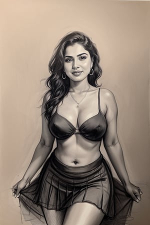 A sultry Malayali yakshi beauty, 35 years young and radiant, poses in a portrait sketch of raw elegance. Charcoal lines boldly frame her face, capturing her high cheekbones, full lips, and piercing gaze. A pleated skirt drapes effortlessly from her waist, showcasing her curvy figure. The artist's masterful strokes convey the subject's confidence  and sensual lust as she smiles seductively, exuding a sense of mystique.