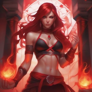 Artgerm, female focus, solo, upper body, 1girl, human, sorceress, (medium breasts:1.1), (muscular, abs, biceps:0.8), (tan skin:1.1), red hair, (tattoos:1.1), blood red eyes, eyeshadow, (scowling:0.8), half smile, ruby pendant, choker, jewelry, dark red criss-cross_halter, black pants, g-string, belt, (chain:0.9), indoors, (crystals:0.9), blood, ancient temple, sun symbol, (fire symbol:1.1), blood magic, stone altar, (runes:1.1), pillars, underground, detailed background, DnD, artgerm
