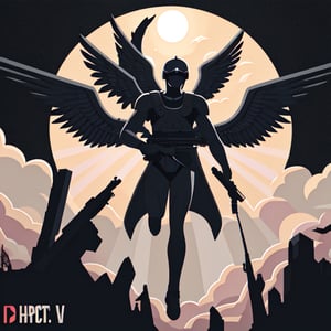 beautiful Vector art, Greek GOD Icarus suspended in air, sun rays coming from upper right , regal apperance , flying down from heavens with a light fog in the air , holding detailed AK-47 rifle in  one hand  image is all black no color ,  holographic, emblem style, simple logo ,(*)%=,amzingmetificent
