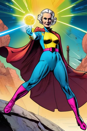 Marie Curie as superhero holding a glowing stone, radioactive powers,, marvel comic book style, vibrant colours, action shot, kinetic, masterpiece, highly detailed