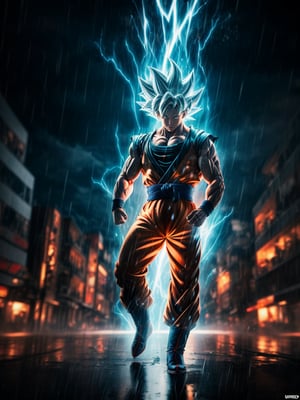 (full body:2) Son Goku Ultra Instinct, looking at the viewer with a look of fury, he is in a completely destroyed city raining heavily with several people fleeing the city. He is furiously emanating magic aura around his body. He's in a fighting stance. Better quality, better resolution, better sharpness, UHD, masterpiece, correct anatomy.,son goku