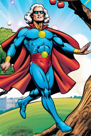 Isaac Newton as superhero with gravity powers, gravity orbs orbit him, apple tree in background, marvel comic book style, cover page, vibrant colours, action shot, kinetic