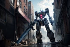 high contrast, raw 8k realistic, octane render, wallpaper of a massive 100ft tall robot mech suit with big plasma guns and a sword stomping through buildings, highly detailed, high quality