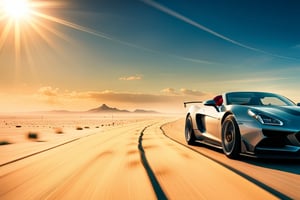 photo of a supercar, 8k uhd, high quality, road, sunset, motion blur, depth blur, cinematic, filmic image 4k, 8k with [George Miller's Mad Max style]. The image should be [ultra-realistic], with [high-resolution] captured in [natural light]. The lighting should create [soft shadows] and showcase the [raw] and [vibrant colors]