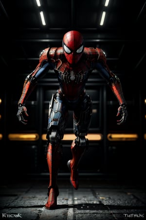 Spiderman mech , futuristic world, ((darksynth)),(((kinetic))), masterpiece full body, high definition, 8k, very high quality 1.5, high details face, sharp, dof ,depth_of_field, , style of Genndy Tartakovsky