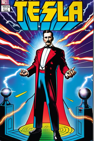 Nikola Tesla as electric superhero, lightning powers, tesla coil in background, marvel comic book style, cover page, vibrant colours