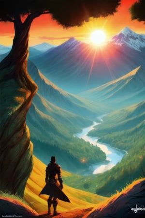 sunshine, scenic, mountain,sun, nature, main character framed, style of Genndy Tartakovsky, battle