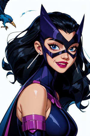 1girls bare_shoulders big_breasts birds_of_prey blackwalker blue_eyes blue_hair breasts bust busty color colored dark_hair dc dc_comics earrings facing_viewer female female_ejaculation female_focus female_only hair helena_bertinelli huntress huntress_(dc_comics) large_breasts lipstick long_hair looking_at_viewer makeup mask plain_background round_ears smile smiling solo solo_female solo_focus superheroine tagme uncensored white_background