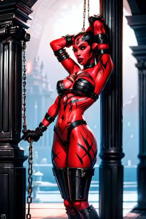 abs big_breasts bondage bound breasts chained_to_pillar chained_to_wall chains darth_hell darth_talon female legs medium_breasts navel nipples nude pillar pussy raised_arm red_skin restrained restraint shackles sith sith_lord solo star_wars star_wars:_legacy tattoo twi'lek