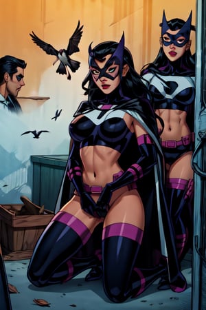 birds_of_prey boots breasts cape dc huntress_(dc_comics) kneeling mask shaved_pussy vagina