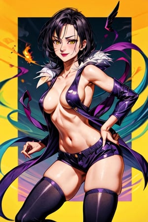 1girls absurd_res bare_shoulders black_hair breasts breasts_apart collarbone detached_sleeves female high_heels highres looking_at_viewer medium_breasts medium_hair merlin_(nanatsu_no_taizai) mole mole_under_eye nanatsu_no_taizai navel parted_lips purple_jacket purple_shorts purple_thighhighs short_shorts sleeveless sleeveless_jacket smile solo thighhighs thighs yellow_eyes yoshi55level yoshio_(55level)