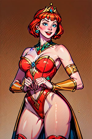 1girls blue_eyes blush clothed clothed_male_nude_female clothes clothing female female_only fully_clothed gauntlets grin hands_on_hips leotard masters_of_the_universe orange_hair orionm pinup pose red_hair redhead shiny_skin simple_background solo solo_focus standing teela tiara