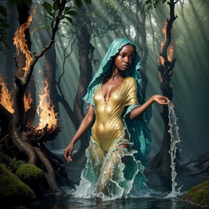 Undine, water spirit of african cute girl, liquid clothes, walking by a forest fire, trees in flames, analog style RAW photography of Undine, realistic, ultra-wide angle, god rays, cinematic light, depth of field, epic, realism, wallpaper, detailed, intrincate, 8k hdr, golden ratio, asymmetry, masterpiece, best quality,liquid clothes