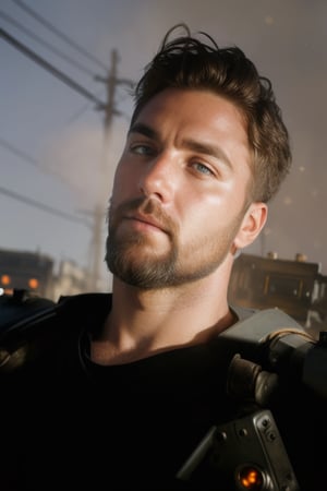 Portrait photo of muscular bearded guy in a worn mech suit, ((light bokeh)), intricate, (steel metal [rust]), elegant, sharp focus, photo by greg rutkowski, soft lighting, vibrant colors, (masterpiece), ((streets)), (detailed face)+, eye iris