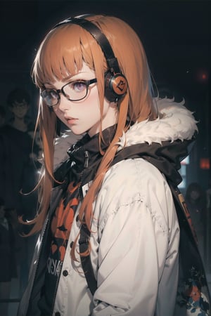 Persona 5, Futaba ,(masterpiece, best quality:1.1), ghibli style, red and blak colors,  long_orange_hair, purple eyes, hair_bands, glasses, black and red headphone, coat and hoodie and fur, solo,free style