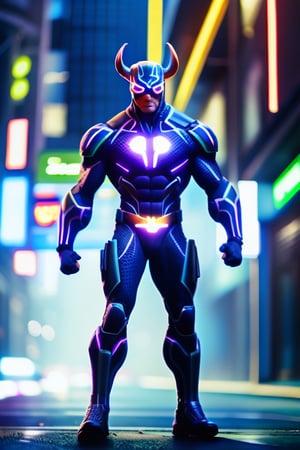 A powerful and large superhero, the fusion of a leopard and bull, with a muscular body featuring leopard's spotted patterns and bull's shining horns. Wearing bright neon armor in pastel colors of blue, purple, and light green, surrounded by golden light. In action in a futuristic city filled with neon lights, the superhero stands out with its striking appearance. Ultra-realistic image quality, high density, 8K.