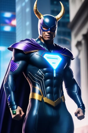 A powerful and large superhero, the fusion of a leopard and bull, with a muscular body featuring leopard's spotted patterns and bull's shining horns. Wearing bright neon armor in pastel colors of blue, purple, and light green, surrounded by golden light. In action in a futuristic city filled with neon lights, the superhero stands out with its striking appearance. Ultra-realistic image quality, high density, 8K.