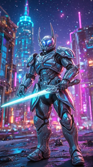 A futuristic knight named Cyber Knight, wearing advanced armor in silver and blue, wielding a plasma sword. Standing in a futuristic cityscape illuminated by neon lights, with towering buildings and a clear night sky. [full body, size 9:16