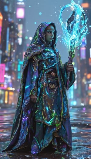 A futuristic mage named Arcane Tech Mage, wearing a shimmering robe with blue and green electronic patterns, holding a glowing staff filled with mystical energy. Standing in the same futuristic city as Cyber Knight, surrounded by glowing buildings. [full body, size 9:16]