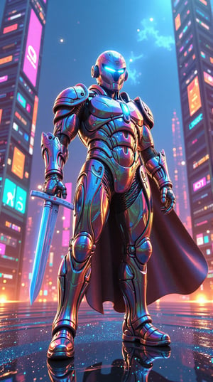 A futuristic knight named Cyber Knight, wearing advanced armor in silver and blue, wielding a plasma sword. Standing in a futuristic cityscape illuminated by neon lights, with towering buildings and a clear night sky. [full body, size 9:16