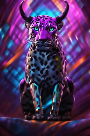 A powerful superhero, a fusion of a leopard and bull, stands large and muscular in a futuristic city. The hero wears bright neon armor with leopard-spotted patterns and bull's shining horns. Surrounded by pastel neon colors of blue, purple, and light green, golden light enhances its striking appearance. The hero is in action, framed mid-shot, with neon lights reflecting off its armor, set against a backdrop of a bustling cityscape.