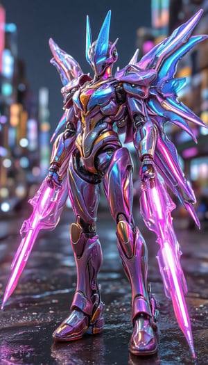 Cyber Knight transforms into a robotic form, with advanced armor, plasma weapons, and metallic wings for flight. Ready to fight in a high-tech futuristic city, full of neon lights and a futuristic night atmosphere. [full body, size 9:16]