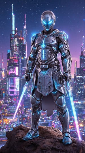 A futuristic knight named Cyber Knight, wearing advanced armor in silver and blue, wielding a plasma sword. Standing in a futuristic cityscape illuminated by neon lights, with towering buildings and a clear night sky. [full body, size 9:16