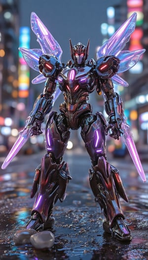 Cyber Knight transforms into a robotic form, with advanced armor, plasma weapons, and metallic wings for flight. Ready to fight in a high-tech futuristic city, full of neon lights and a futuristic night atmosphere. [full body, size 9:16]