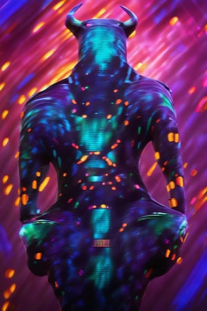 A powerful superhero, a fusion of a leopard and bull, stands large and muscular in a futuristic city. The hero wears bright neon armor with leopard-spotted patterns and bull's shining horns. Surrounded by pastel neon colors of blue, purple, and light green, golden light enhances its striking appearance. The hero is in action, framed mid-shot, with neon lights reflecting off its armor, set against a backdrop of a bustling cityscape.