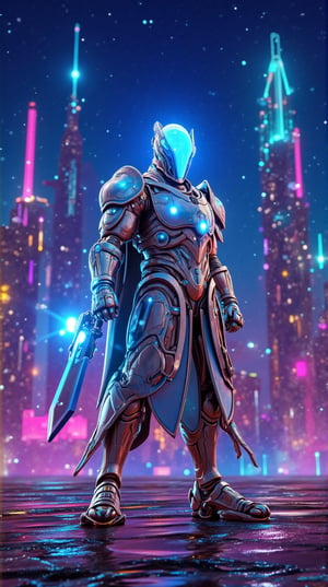 A futuristic knight named Cyber Knight, wearing advanced armor in silver and blue, wielding a plasma sword. Standing in a futuristic cityscape illuminated by neon lights, with towering buildings and a clear night sky. [full body, size 9:16