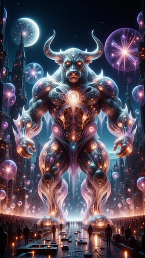 The Fusion of a Leopard and Bull creates a powerful and large superhero with bright neon armor. Its muscular body has the leopard's spotted patterns and the bull's shining horns. Pastel neon colors of blue, purple, and light green surround it, with golden light making its appearance even more striking. Scene: In action in a futuristic city filled with neon lights. CANDY