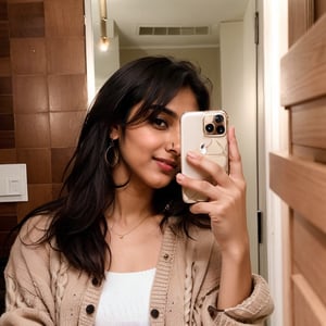 RAW photo, photo of indian girl called Pavithra, Instagram model (20yo), flaunting her body with confidence and elegance, Photography, utilizing a Canon EOS R5 with a 85mm prime lens set at f/2.8,realhands, selfie in front of hotel mirror, iphone, photorealistic, ,hourglass body shape,photorealistic, ((( girl wearing oversized beige sweater ))),iphone mirror selfie