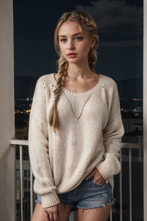 Ukrainian girl, onlyfans model, (wearing oversized cotton sweater), standing in balcony,(((night))), ((braided_hair, blond_hair)), from_front