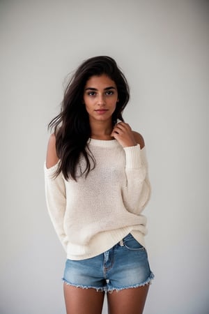 Sanya Foster, a 24-year-old Indian Canadian girl, stands confidently against a crisp white backdrop, donning a simple yet chic sweater paired with denim shorts and pristine white sneakers. Her dark hair cascades down her shoulders, framing her serene yet determined expression. The sunlight gently illuminates her features, highlighting her natural beauty and grace. Photography, using a Canon EOS 5D Mark IV with a 50mm prime lens, capturing the soft natural light and subtle details of Sanya's attire and demeanor