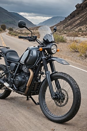 RAW photo, photo of adventure bike named Royal Enfield Himalayan, Black bike, ((no_humans))