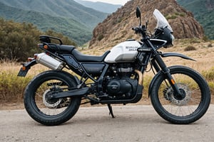 RAW photo, photo of adventure bike named Royal Enfield Himalayan, Black bike, ((no_humans))