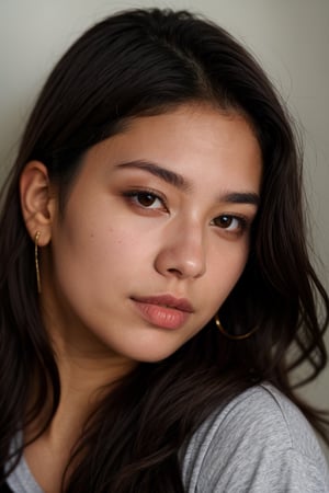 RAW photo, photo of an indian canadian girl named Sanya Foster((24yo)), (wavy_long_hair), close_up_photo, looking_at_viewer, ((brown_eyes)), wearing t-shirt,photorealistic