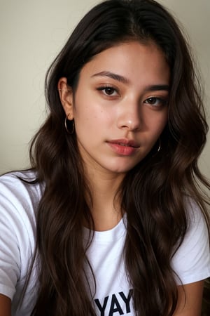 RAW photo, photo of an indian canadian girl named Sanya Foster((24yo)), (wavy_long_hair), close_up_photo, looking_at_viewer, ((brown_eyes)), wearing t-shirt,photorealistic, ((round_face))