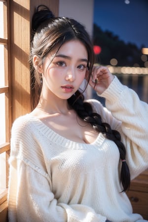 Asain girl, onlyfans model, (wearing oversized cotton sweater), (((night))), ((braided_hair)), from_front, lift_shirt, exposed_breast