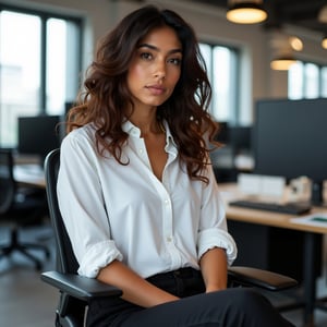 photo of beautiful Canadian and Indian Instagram model named Sanya Foster. 24 years old, 5ft 8 inches tall, 125LBs weight, hazel eyes, wavy hair, wearing a plain white shirt and black pants of an office outfit, sitting casually on an office chair, the environment is a bustling, high-tech startup office with large monitors, open floor plan, and tech gadgets scattered around, vibrant and energetic mood, photography, shot with a 24mm wide-angle lens for a dynamic perspective