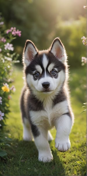 Hyperrealistic photo, very close-up of a beautiful and tender Husky puppy, he is in a garden playing, jumping. A garden with short, very green grass. Many small, colorful flowers. It's daytime, the light is natural. The light creates a contrast of shadows on the animal. Beautiful scene, ultra detailed, hyperrealistic, colorful, distant.