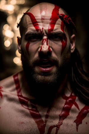 closeup face photo of cratos god of war 
With blood in his face angry 