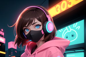 (frontal view, facing viewer:1.2), centered, masterpiece, face portrait, | 1girl, solo, brown hair color, short hairstyle, light blue eyes, | (neon wireless headphones headset:1.2), (black neon futuristic mouth mask:1.2), dark pink hoodie, | futuristic city lights, sunset, buildings, urban scenery, neon lights | bokeh, depth of field,