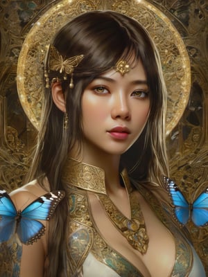 8k portrait of beautiful cyborg with brown hair, intricate, elegant, highly detailed, majestic, digital photography, art by artgerm and ruan jia and greg rutkowski surreal painting gold butterfly filigree, broken glass, (masterpiece, sidelighting, finely detailed beautiful eyes: 1.2), hdr,  full body naked with natural boobs hard nippel shaved pussy