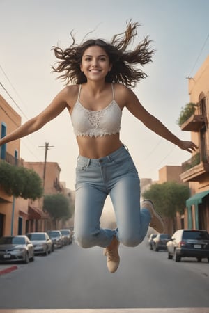  raw photo, ((hyperrealistic)), (Hi_res),((front view:2.4)), (masterpiece, best quality, 8k, beautiful detailed intricate insanely detailed octane render photography), photorealistic concept art, soft natural cinematic perfect light), award-winning photograph, photo of A stunning, mexican girl jumping up, smilig, perfect hands, suburban city background:1.2, happy and fun expression, realistic skin texture,