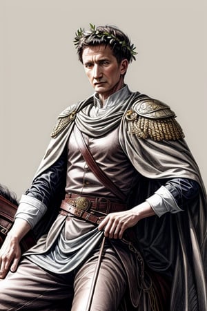 Julius Caesar with a laurel wreath on his head, sitting on his horse, riding with a line art in a more realistic style. He wears Roman style clothing and on his back is a long cape, 