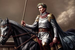 Julius Caesar with a laurel wreath on his head, sitting on his horse, riding with a line art in a more realistic style. He wears Roman style clothing and on his back is a long cape, 