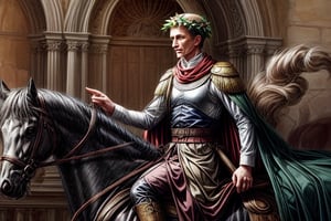Julius Caesar with a laurel wreath on his head, sitting on his horse, riding with a line art in a more realistic style. He wears Roman style clothing and on his back is a long cape, 